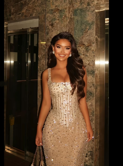 Lavish Mermaid Square Sleeveless Beaded Mermaid Prom Dress Formal Evening Gowns AB493
