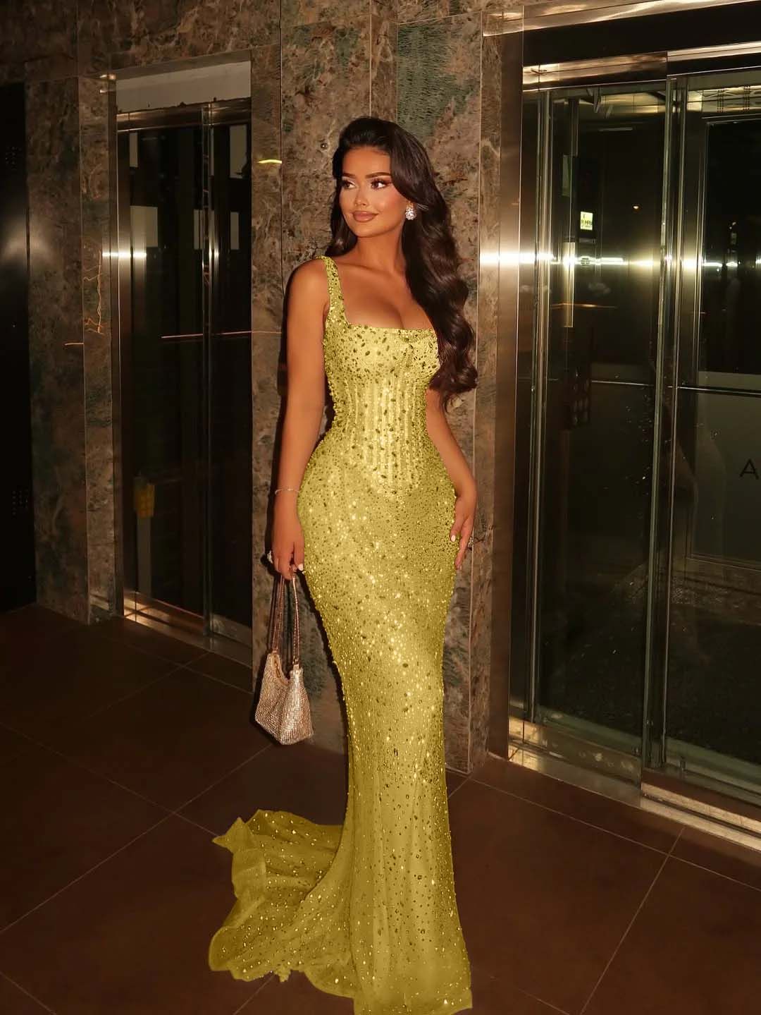 Lavish Mermaid Square Sleeveless Beaded Mermaid Prom Dress Formal Evening Gowns AB493