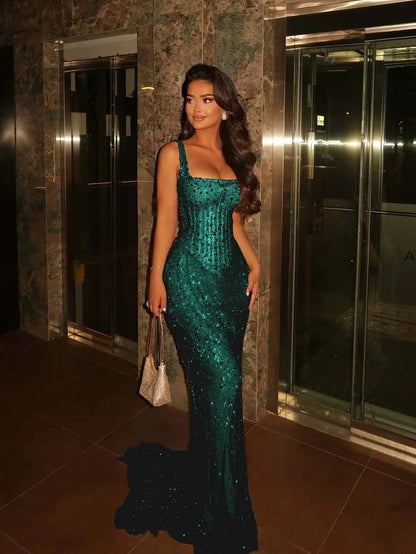 Lavish Mermaid Square Sleeveless Beaded Mermaid Prom Dress Formal Evening Gowns AB493