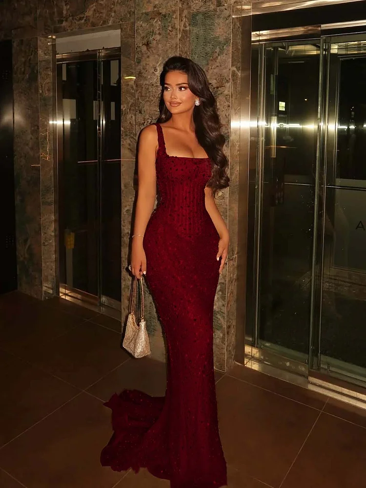 Lavish Mermaid Square Sleeveless Beaded Mermaid Prom Dress Formal Evening Gowns AB493
