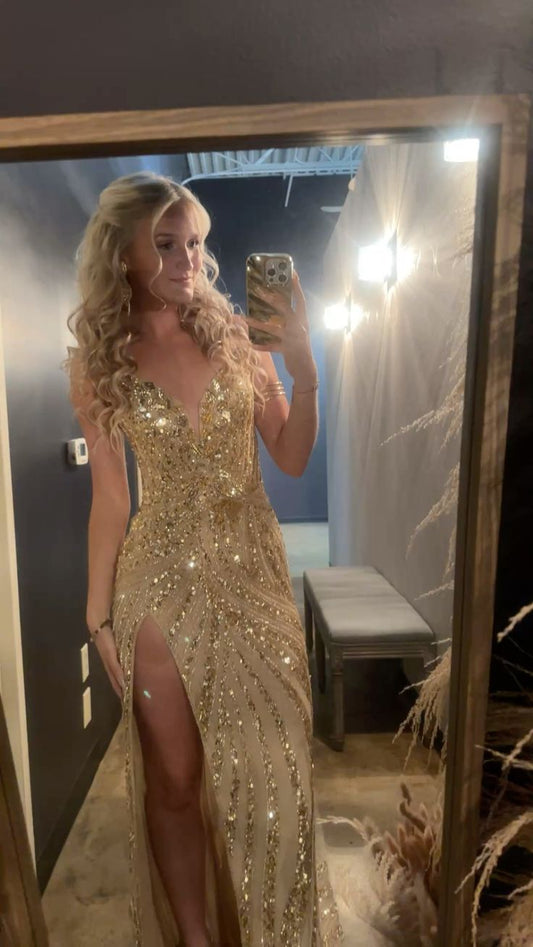 Robe de bal sirène scintillante à bretelles spaghetti et paillettes dorées, tenue de fête pour 22e anniversaire, robe de remise de diplôme RB944