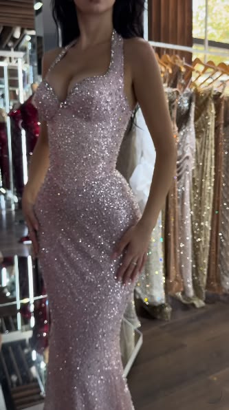 Glitzer Halter Neck Rosa Langes Abendkleid Abschlussballkleider Pailletten Meerjungfrau Bodycon Für Teenager Mädchen Damen N4099