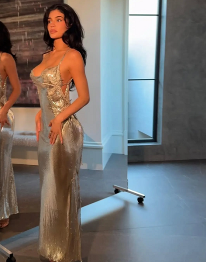 Sexy Mermaid Spaghetti Straps Gold Sequin Long Prom Dresses Inspiration Prom Dress Senior Graduation Dress RB951