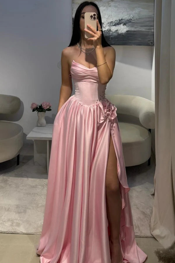 Cute A line Sweetheart Pink Satin Prom Dresses Long Party Dress 23rd Birthday Outfits Graduation Dress RB954