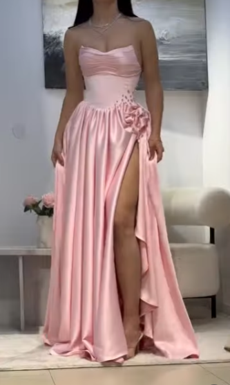 Cute A line Sweetheart Pink Satin Prom Dresses Long Party Dress 23rd Birthday Outfits Graduation Dress RB954