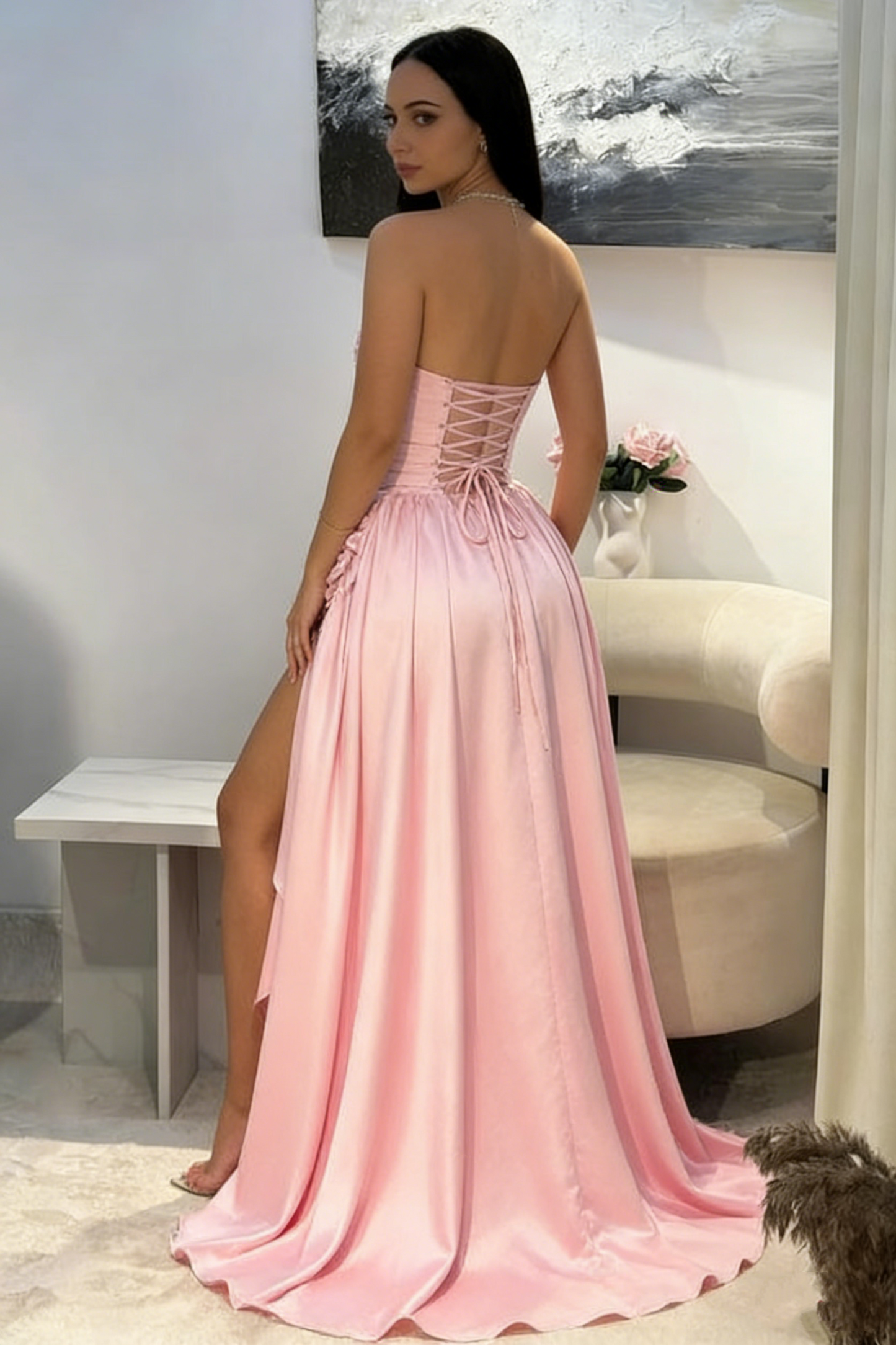 Cute A line Sweetheart Pink Satin Prom Dresses Long Party Dress 23rd Birthday Outfits Graduation Dress RB954