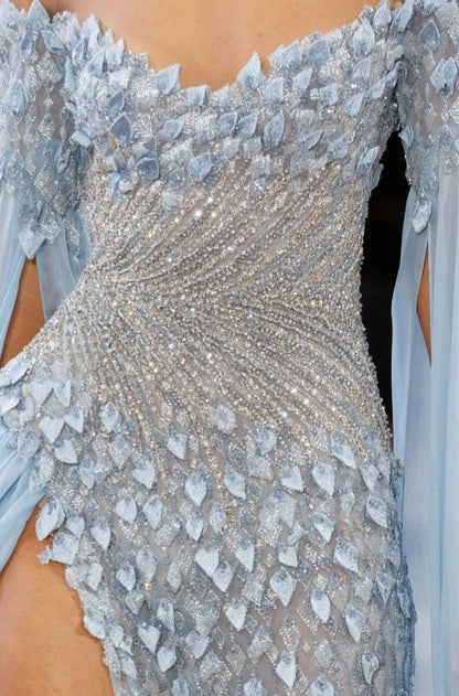 Sexy Mermaid Off The Shoulder Light Sky Blue Sequins Slit Prom Dresses Long Party Dress 22th Birthday Outfits Graduation Dress RB961
