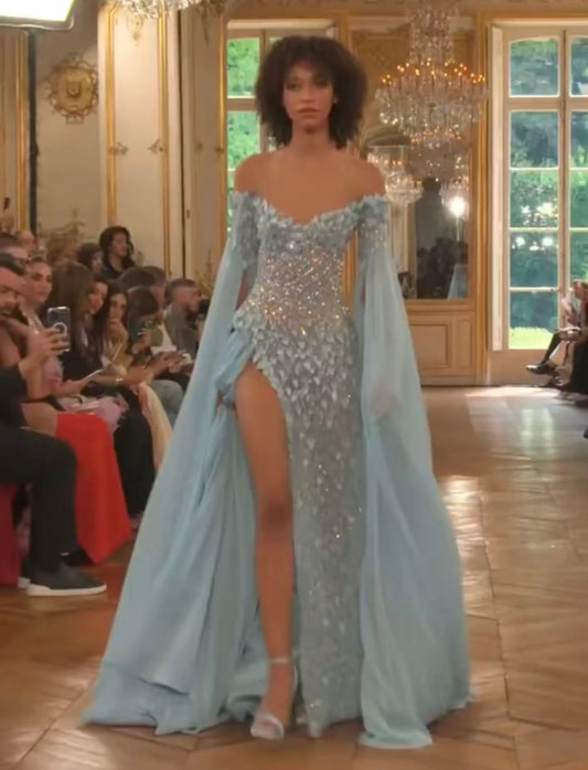 Sexy Mermaid Off The Shoulder Light Sky Blue Sequins Slit Prom Dresses Long Party Dress 22th Birthday Outfits Graduation Dress RB961