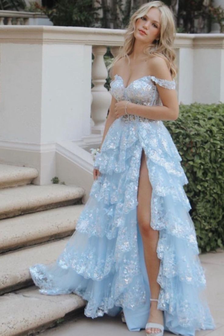 Sexy Mermaid Off The Shoulder Lace Light Sky Blue Prom Dresses Slit Long Party Dress 22th Birthday Outfit Graduation Dress RB964