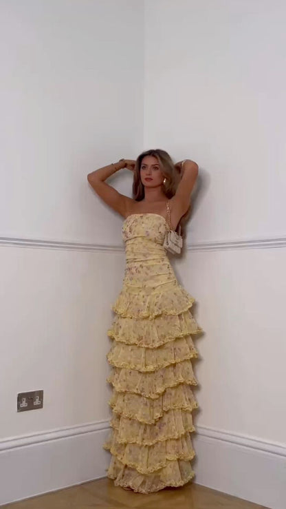 Sexy Mermaid Strapless Floral Yellow Prom Dresses Long Party Dress 21st Birthday Outfits Graduation Dress RB969
