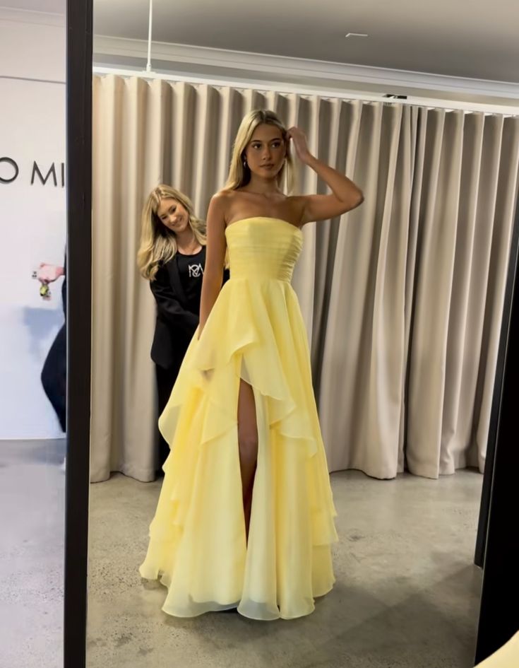 Cute Ball Gown Strapless Yellow Slit Prom Dresses Long Party Dress 18th Birthday Outfit Graduation Dress RB974