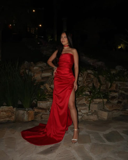 Sexy Mermaid Strapless Red Slit Satin Prom Dresses Long Party Dress 21st Birthday Outfit Graduation Dress RB996