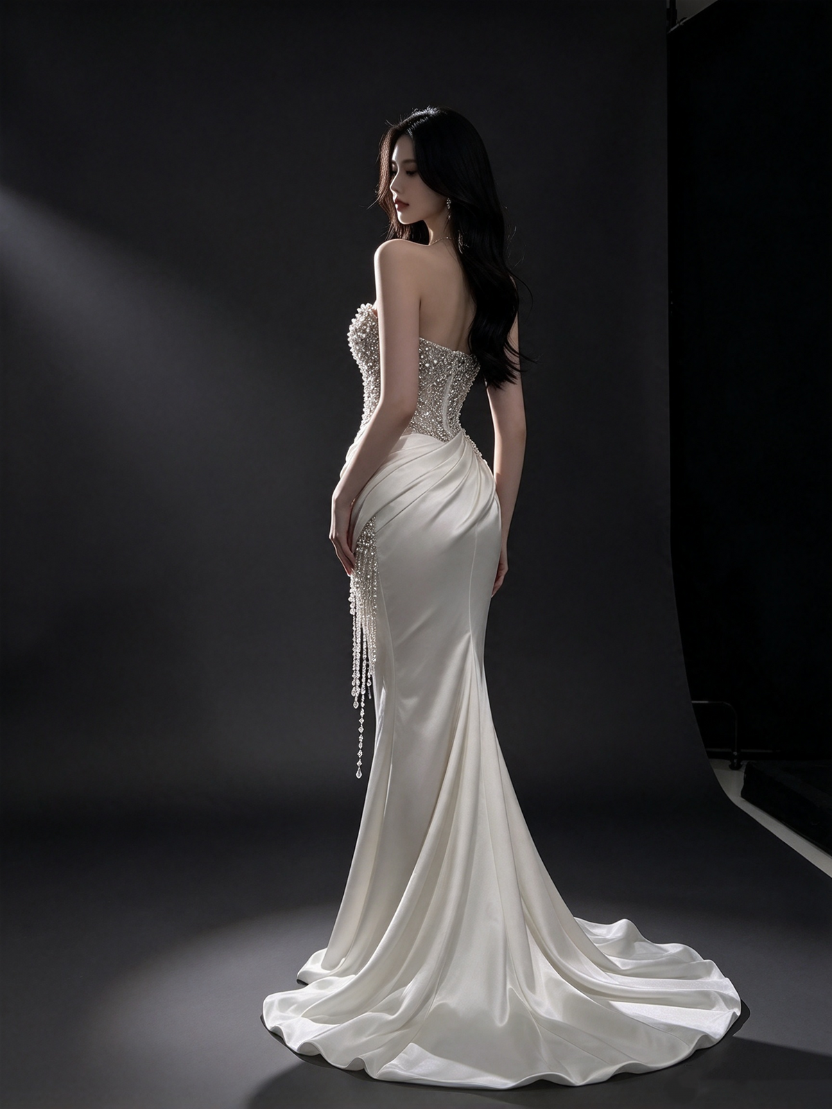 Gorgeous Evening outfit Mermaid Sweetheart White Satin Sequin Prom Dresses Long Formal Dress RC1414
