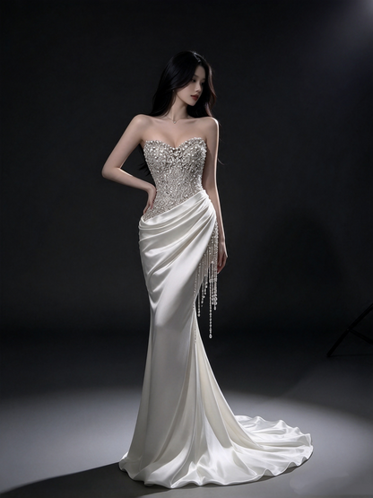 Gorgeous Evening outfit Mermaid Sweetheart White Satin Sequin Prom Dresses Long Formal Dress RC1414