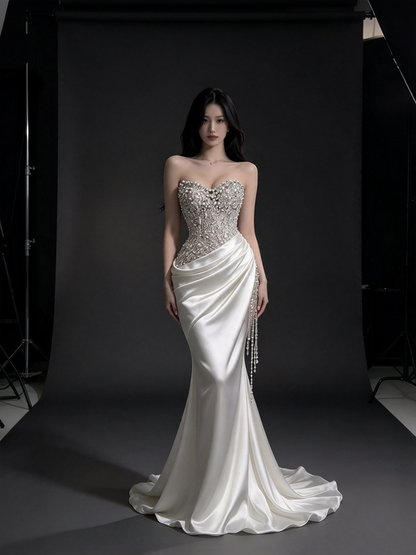 Gorgeous Evening outfit Mermaid Sweetheart White Satin Sequin Prom Dresses Long Formal Dress RC1414