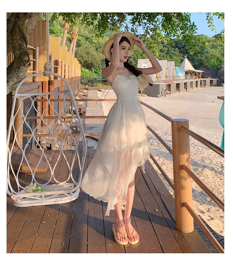 Simple White Spaghetti Strap A-Line Chiffon Short Summer Beach Dress RF01003