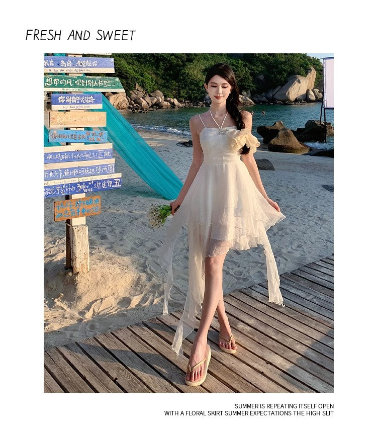Simple White Spaghetti Strap A-Line Chiffon Short Summer Beach Dress RF01003