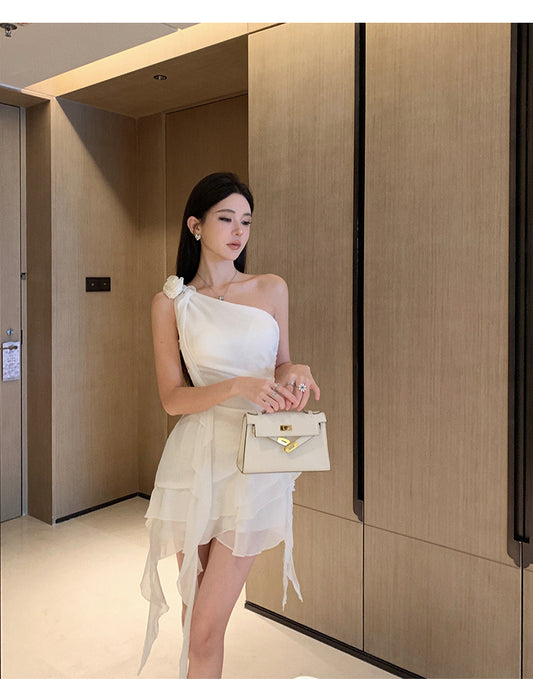 Elegantes weißes One-Shoulder-Etuikleid aus Chiffon, kurz, Geburtstagspartykleid RF01004