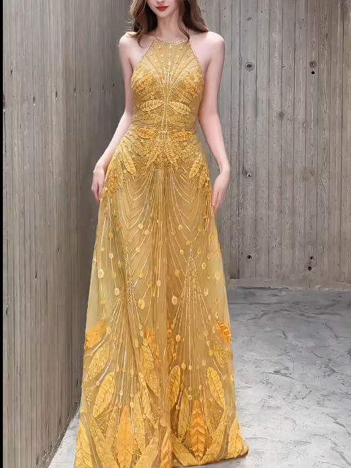 Elegant Gold Halter Neck A-Line Beading Long Prom Dresses, Formal Evening Dresses  RF01008