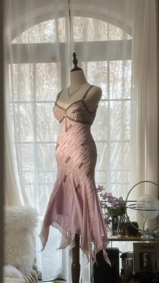 Vintage Rosa Spaghettiträger Etuikleid Perlenbesetzt Chiffon Kurzes Ballkleid RF01010