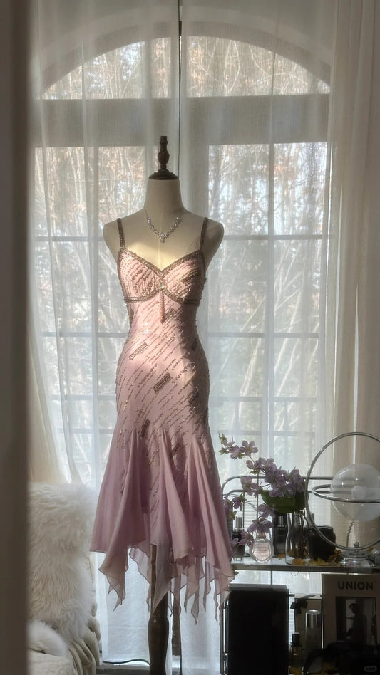 Vintage Rosa Spaghettiträger Etuikleid Perlenbesetzt Chiffon Kurzes Ballkleid RF01010