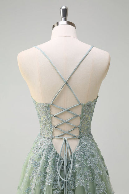 Green Floral A-Line Spaghetti Straps Tulle Corset Long Prom Dress with Slit RF0383