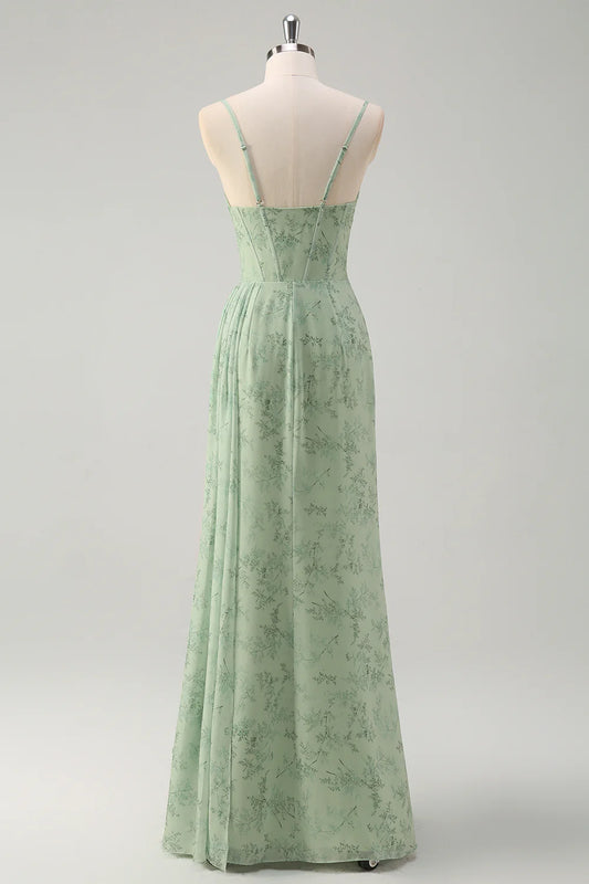 Dusty Sage Corset Floral Print Evening Dresses Bridesmaid Dresses with Slit  RF0385