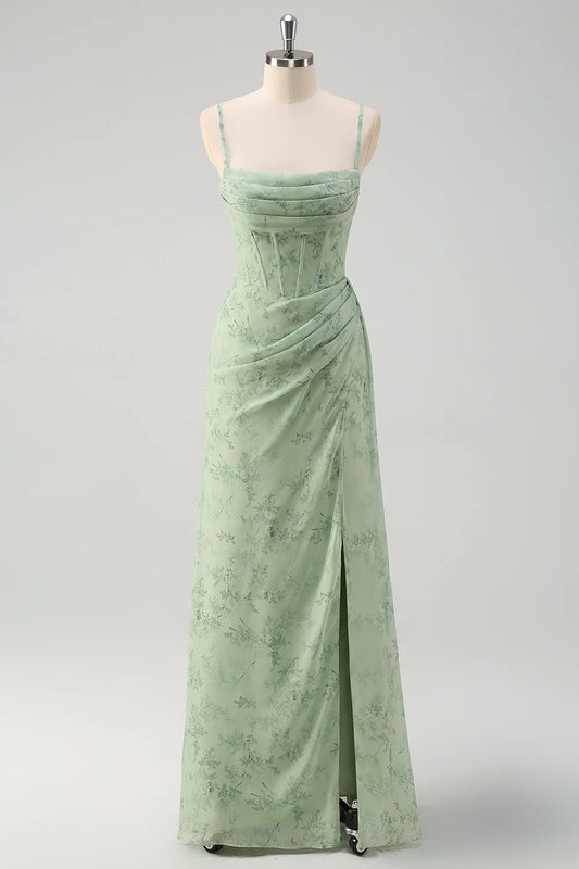 Dusty Sage Corset Floral Print Evening Dresses Bridesmaid Dresses with Slit  RF0385