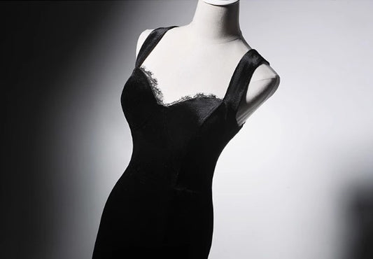 Elegant Black Spaghetti Strap Sweetheart Mermaid Velvet Evening Dresses Long Prom Dresses RF0386