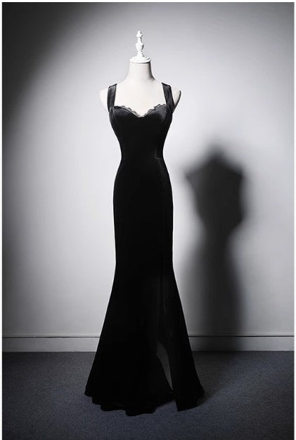 Elegant Black Spaghetti Strap Sweetheart Mermaid Velvet Evening Dresses Long Prom Dresses RF0386