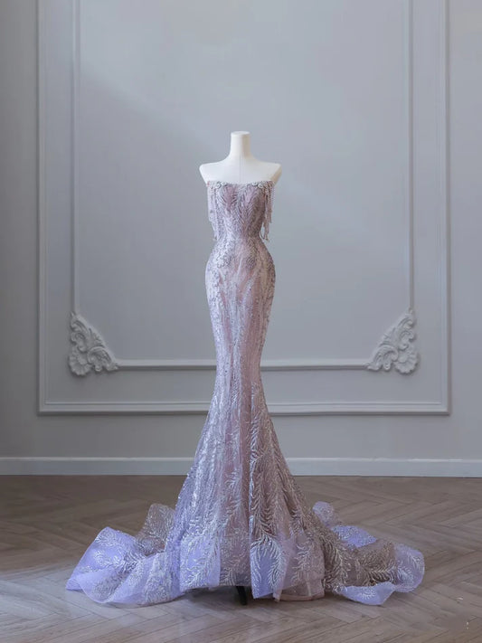 Sexy Light Purple Mermaid Off The Shoulder Sequin Long Prom Dresses Tulle Evening Dresses RF0387