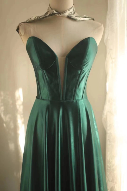 Sexy Deep V Neck Satin A-Line Backless Evening Dresses Long Prom Dresses RF0389