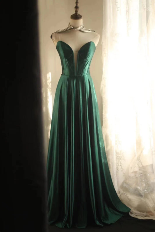Sexy Deep V Neck Satin A-Line Backless Evening Dresses Long Prom Dresses RF0389