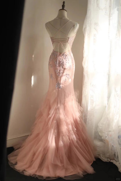 Cute Pink Spaghetti Strap Mermaid Deep V Neck Tulle Backless Evening Dresses Simple Wedding Dresses RF0390