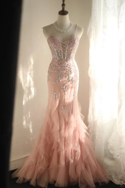 Cute Pink Spaghetti Strap Mermaid Deep V Neck Tulle Backless Evening Dresses Simple Wedding Dresses RF0390