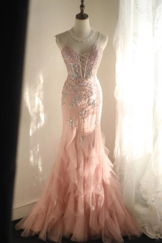 Cute Pink Spaghetti Strap Mermaid Deep V Neck Tulle Backless Evening Dresses Simple Wedding Dresses RF0390