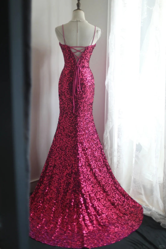 Sexy Fuchsia Spaghetti Strap Mermaid Shiny Sequins Backless Long Prom Dresses Formal Evening Dresses RF0391