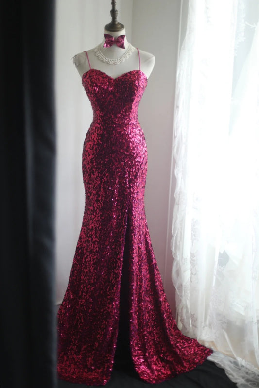 Sexy Fuchsia Spaghetti Strap Mermaid Shiny Sequins Backless Long Prom Dresses Formal Evening Dresses RF0391