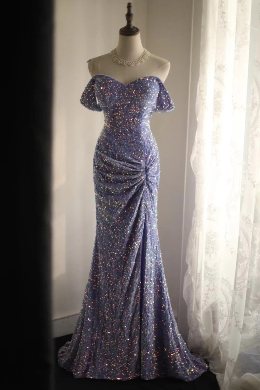 Elegant Lavender Sequin Mermaid Off Shoulder Long Prom Dresses Formal Evening Dresses RF0392