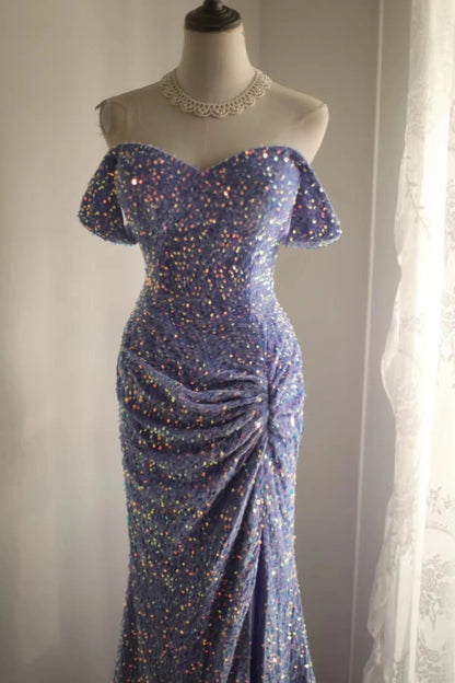 Elegant Lavender Sequin Mermaid Off Shoulder Long Prom Dresses Formal Evening Dresses RF0392