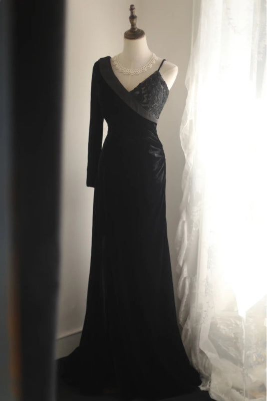 One Shoulder Black Satin  Backless Long Prom Dresses Formal Elegant Train Evening DressesRF0393
