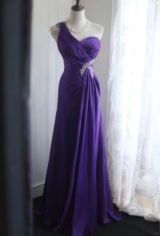 Gorgeous Purple One Shoulder Satin A-Line Long Prom Dresses Formal Evening Dress RF0394