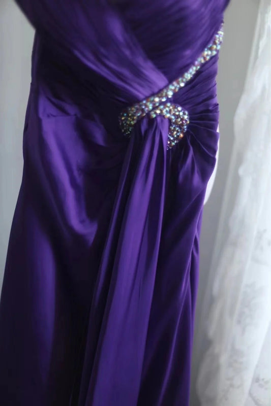Gorgeous Purple One Shoulder Satin A-Line Long Prom Dresses Formal Evening Dress RF0394