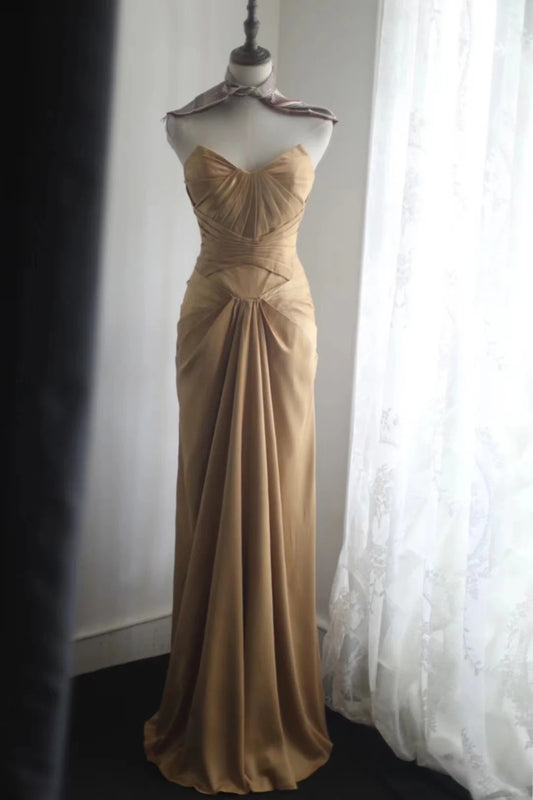 Gold Sweetheart Satin Mermaid Elegant Evening Dress, Long Prom Dresses RF0395