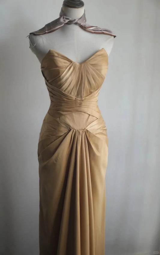 Gold Sweetheart Satin Mermaid Elegant Evening Dress, Long Prom Dresses RF0395