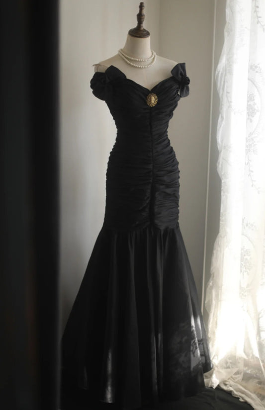 Classic Black Off Shoulder Tulle Mermaid Long Prom Dresses Formal Evening Dress with Pleats RF0396