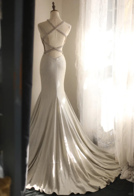 Chic White Deep V Backless Satin Mermaid Train Wedding Dresses Evening Dresses RF0397
