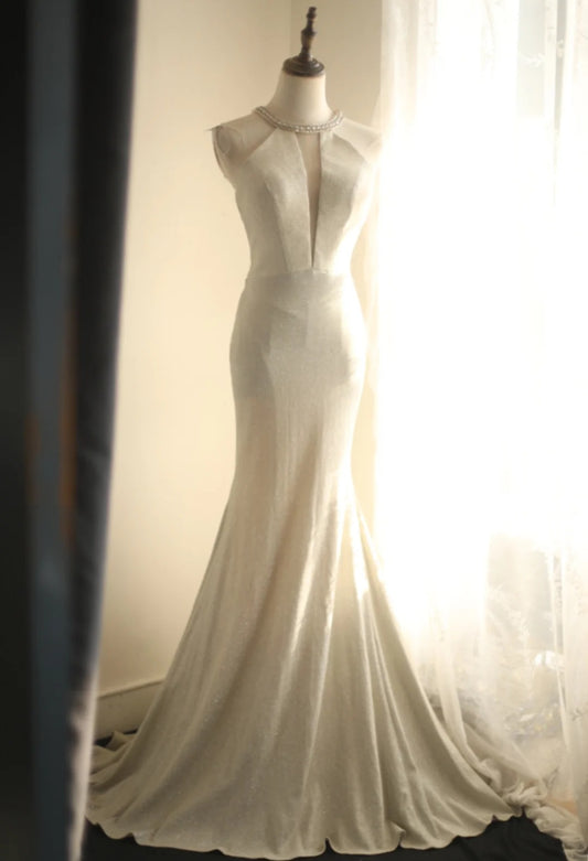 Chic White Deep V Backless Satin Mermaid Train Wedding Dresses Evening Dresses RF0397