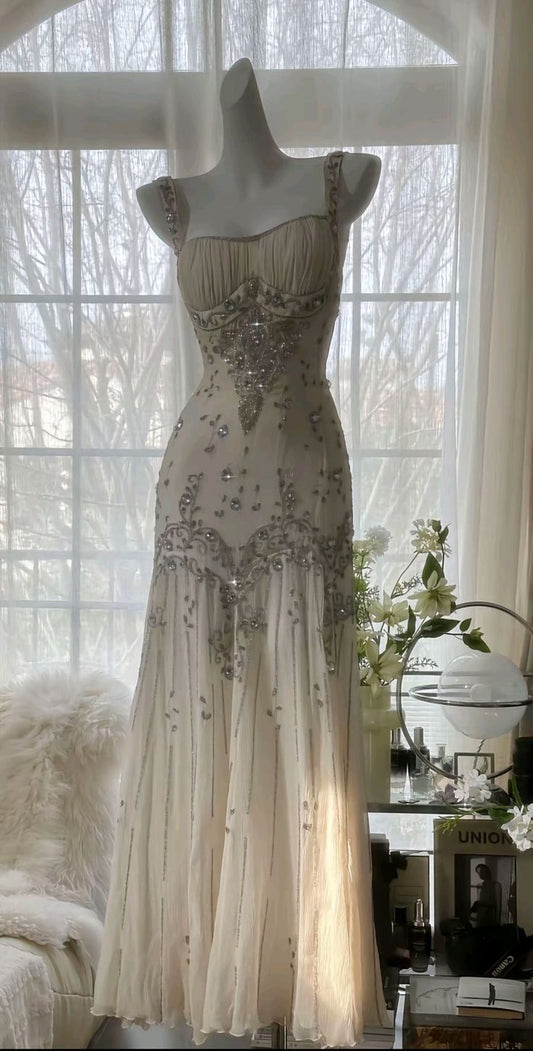 Shiny Beaded Chiffon Ball Dress for Party Spaghetti Strap Backless Evening Dress RF0399