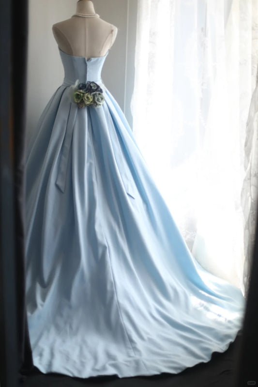 Sweet Sky Blue Strapless A-Line Satin Train Prom Dresses Formal Evening Dresses RF0400